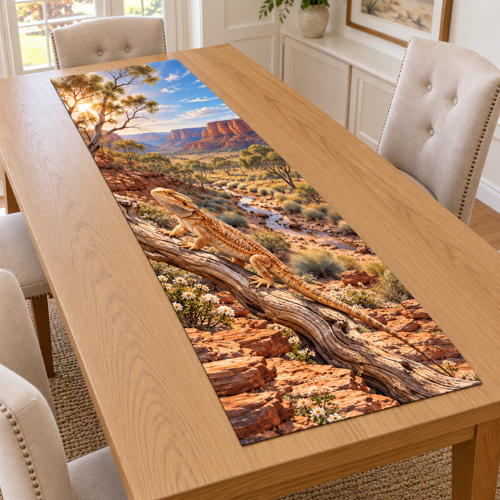 A natural bearded dragon steps along a dry branch above sandstone, with desert flowers, winding creek bed, acacias and distant canyon escarpments.