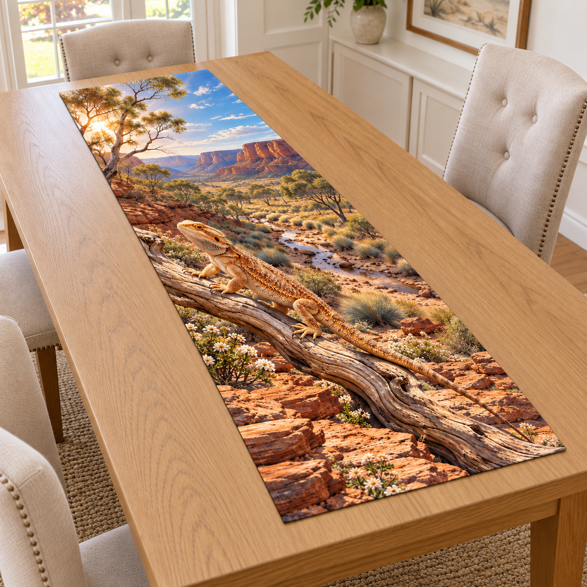 A natural bearded dragon steps along a dry branch above sandstone, with desert flowers, winding creek bed, acacias and distant canyon escarpments.