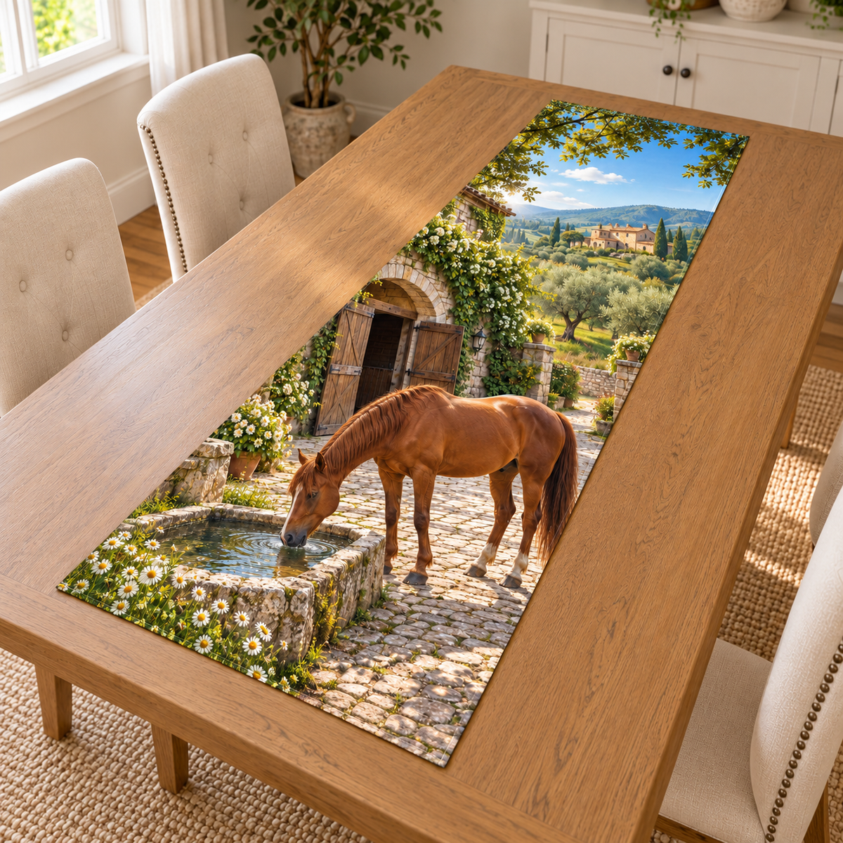 A chestnut horse drinks from a stone trough in a cobbled courtyard, with ivy archway, open stable doors and distant orchard hills.