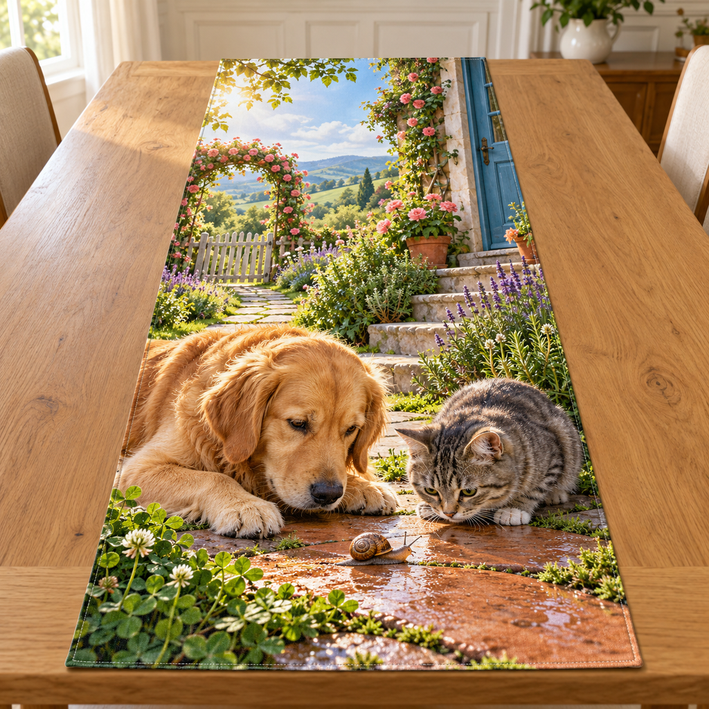 A golden dog and grey tabby cat watch a tiny snail on a terracotta steppingstone, with cottage porch, herb path, rose arch and distant hills.