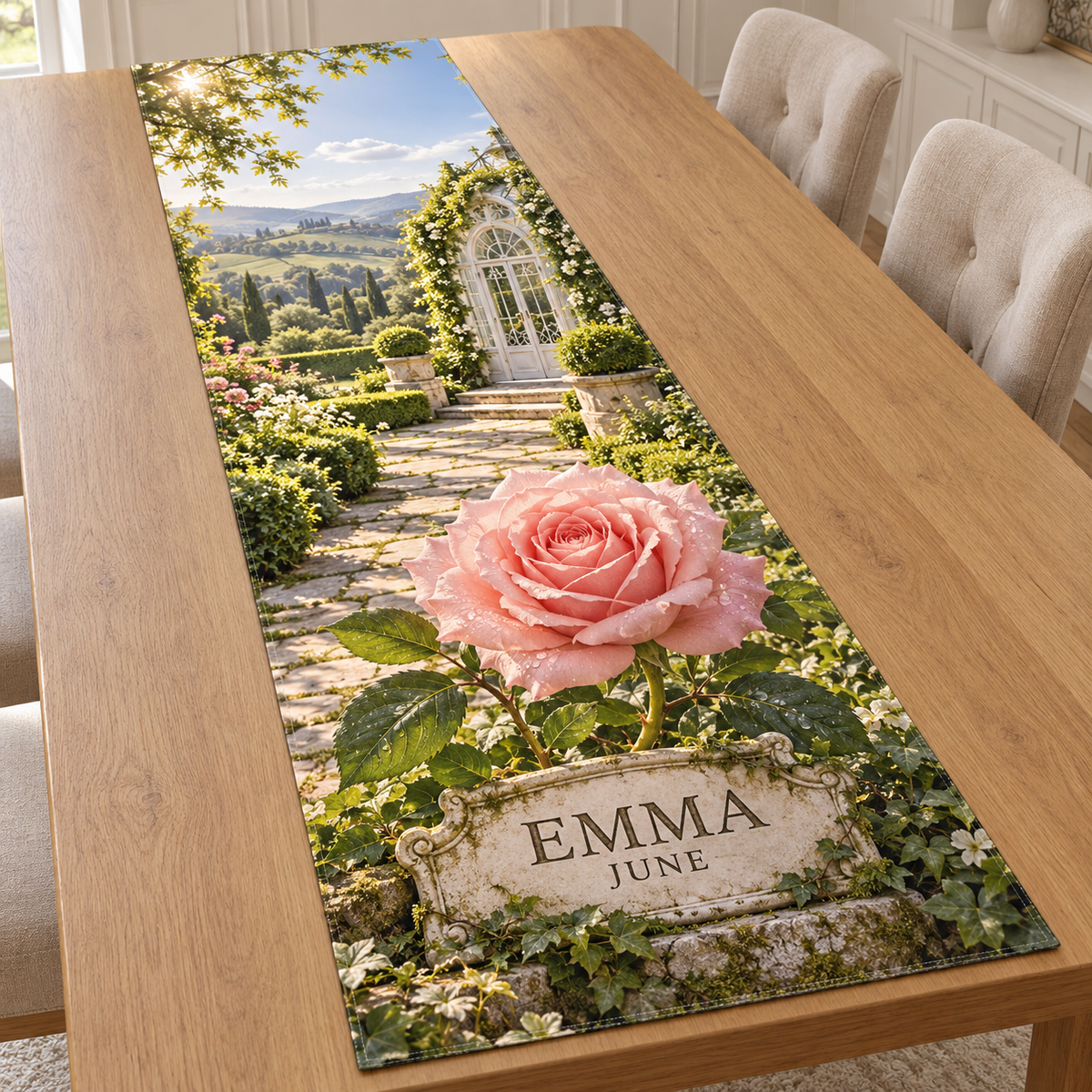 Example June rose and EMMA name plaque with dew, steppingstone path, conservatory doorway and distant garden hills. Choose your name and birth month.