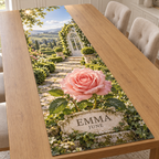 Example June rose and EMMA name plaque with dew, steppingstone path, conservatory doorway and distant garden hills. Choose your name and birth month.