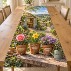 Example MOM watering can and three named flower pots: EMMA rose, LIAM daffodil and OLIVIA aster, with potting shed, herb path and orchard hills.