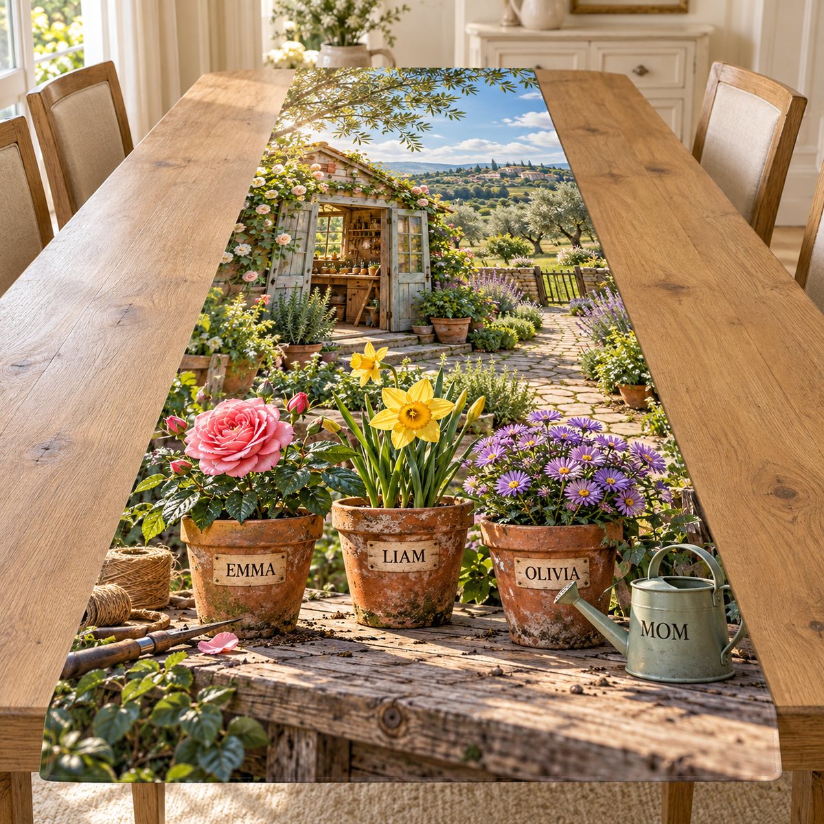 Example MOM watering can and three named flower pots: EMMA rose, LIAM daffodil and OLIVIA aster, with potting shed, herb path and orchard hills.