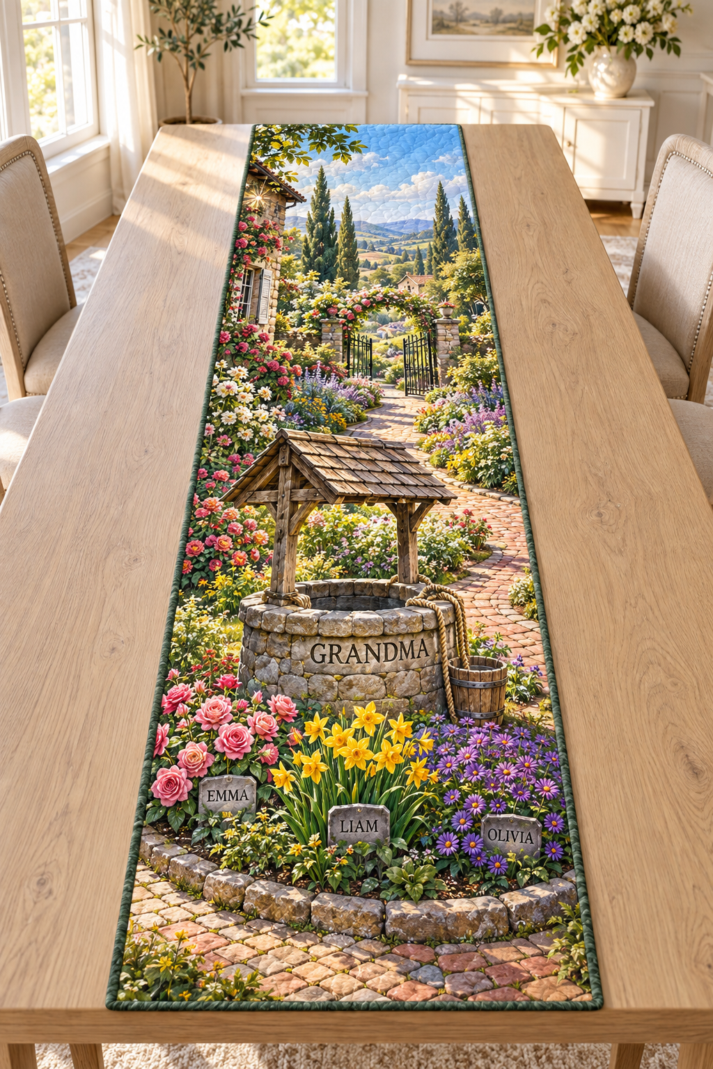 Example GRANDMA stone wishing well with EMMA roses, LIAM daffodils and OLIVIA asters on garden markers, a brick path, floral gate and distant hills.