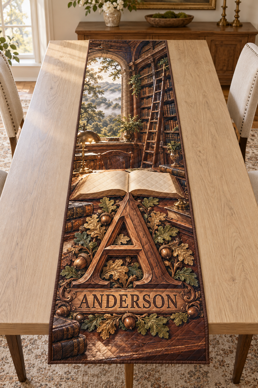 Example A and ANDERSON in a printed walnut-style oak-leaf monogram, with blank open book, arched library shelves, ladder and distant oak woodland.