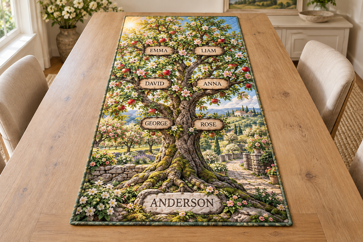 Example ANDERSON apple tree with GEORGE and ROSE below DAVID and ANNA, then EMMA and LIAM on upper branches, with orchard lane and distant hills.