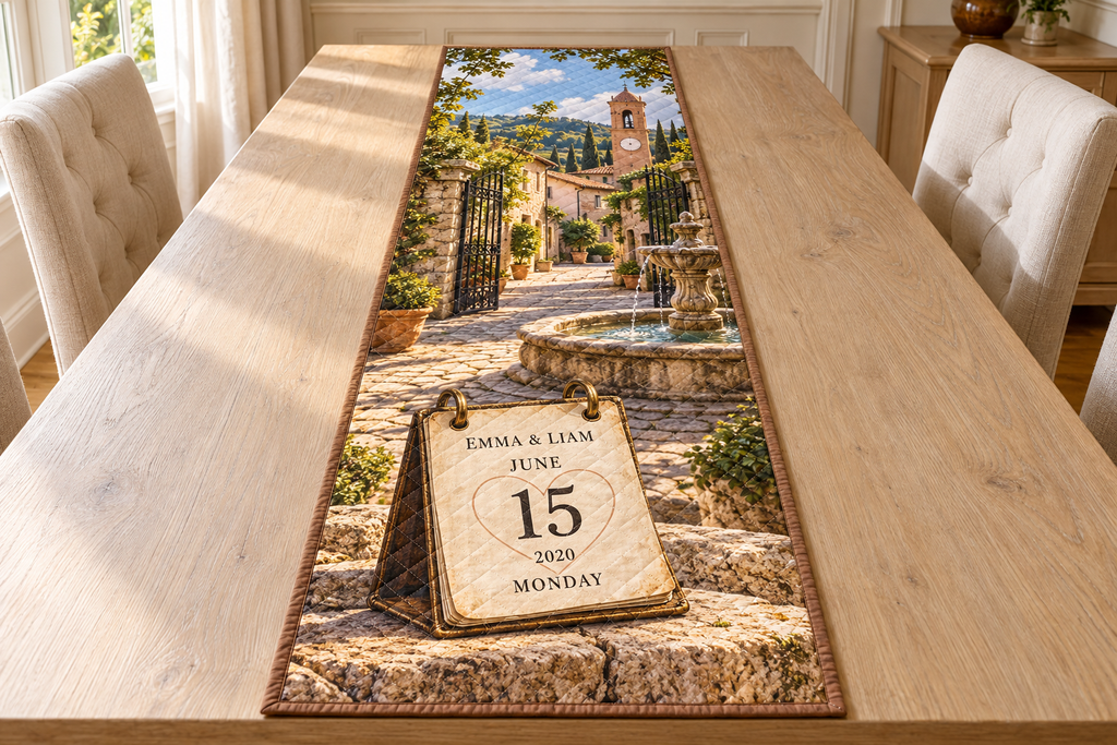 Example EMMA & LIAM day calendar showing JUNE 15 2020 MONDAY, brass-style rings and paper, stone fountain courtyard, open gate, clock tower and cypress hills.