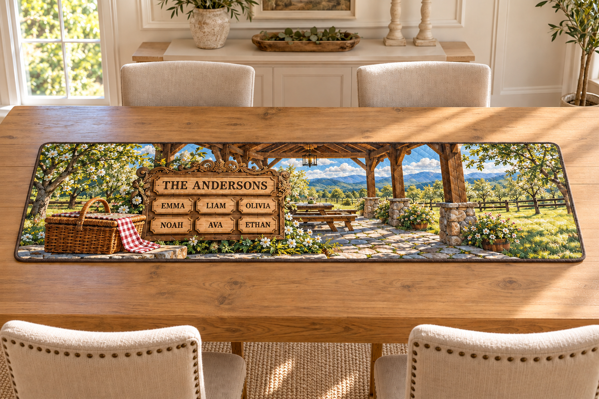 Example THE ANDERSONS with EMMA LIAM OLIVIA above NOAH AVA ETHAN on an oak-style board, woven picnic basket, gingham cloth, pavilion and orchard hills.