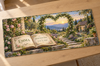 Example EMMA and ADOPTION DAY / JUNE 15, 2020 in an open storybook, mossy limestone steps, leafy flower arch, garden cottage and distant hills.