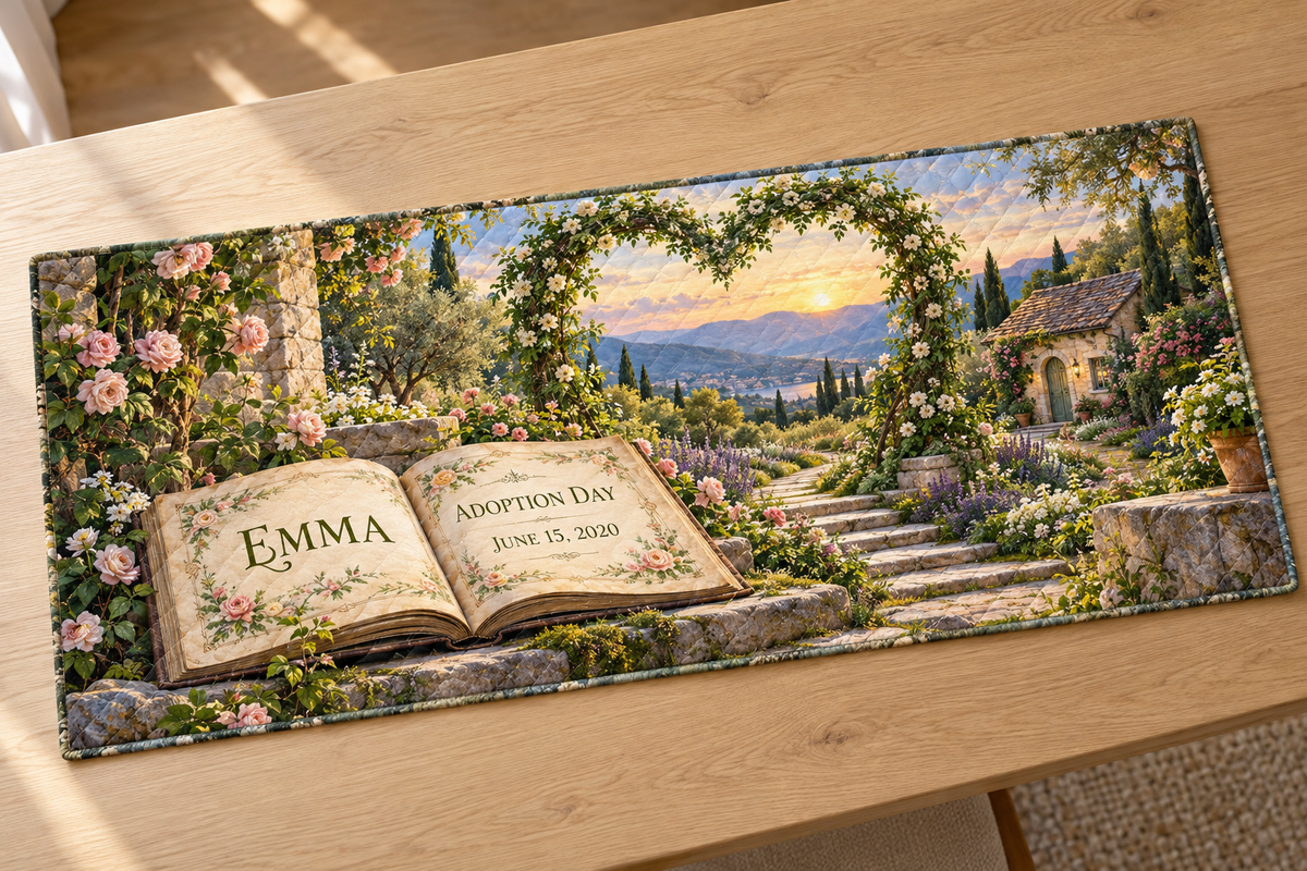 Example EMMA and ADOPTION DAY / JUNE 15, 2020 in an open storybook, mossy limestone steps, leafy flower arch, garden cottage and distant hills.