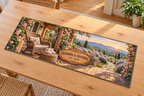 Example GRANDMA & GRANDPA / EST. 2026 oak-style plaque, wicker rocking chair and knitted baby booties on a woven footstool, rose veranda and lavender hills.