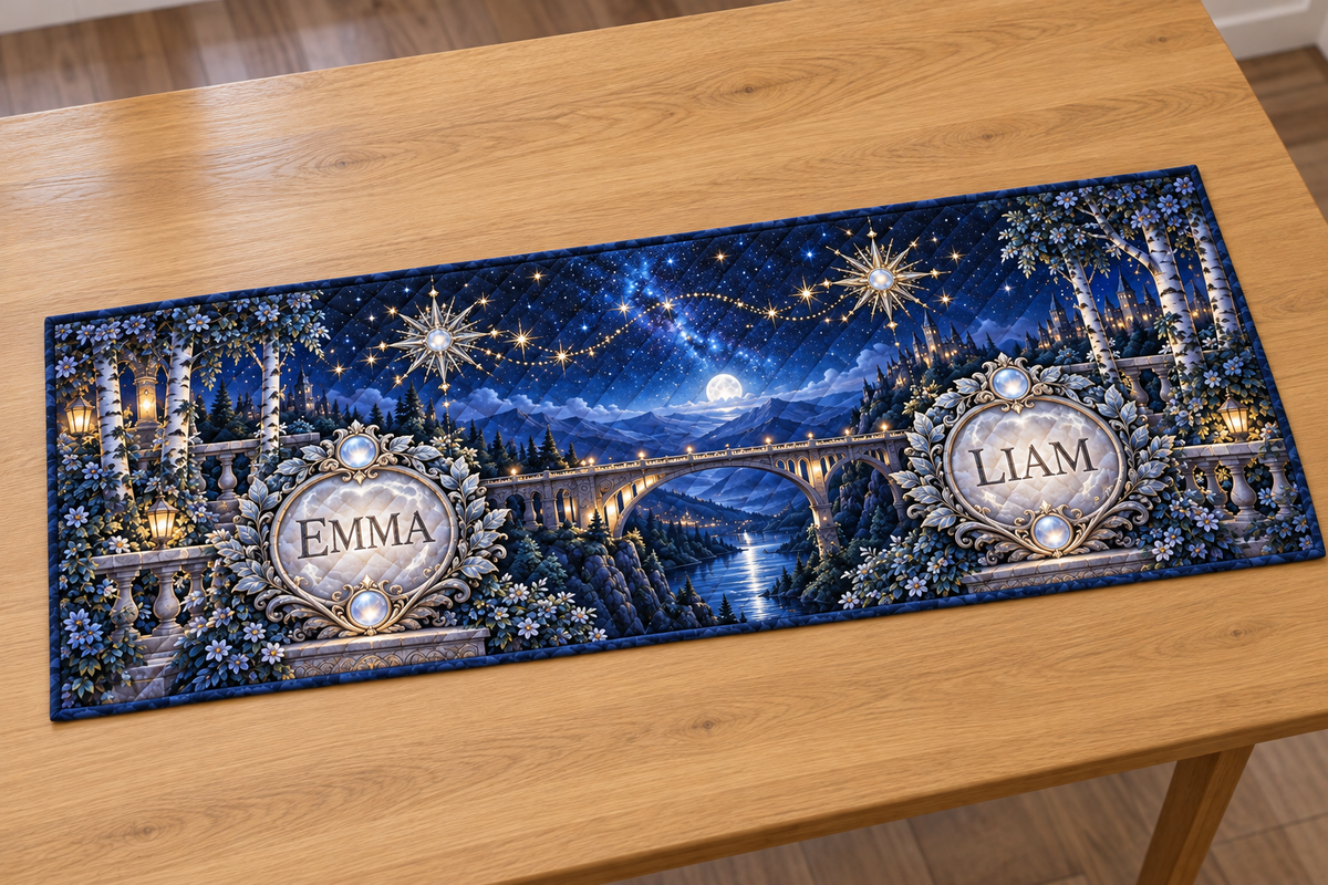 Example EMMA and LIAM moonstone-style medallions, two decorative star clusters linked above an arched stone bridge, indigo valley, birches and distant castle hills.