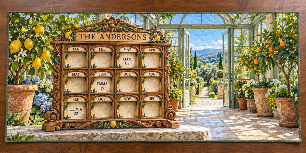 Example THE ANDERSONS perpetual twelve-month oak-style birthday panel, LIAM08 in MAR EMMA15 in JUN OLIVIA22 in SEP, glass citrus conservatory garden hills.