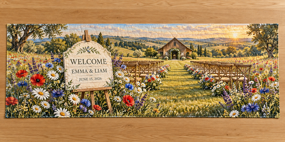 Example WELCOME / EMMA & LIAM / JUNE 15, 2026 ivory plaque on oak-style easel, daisies cornflowers poppies, empty ceremony chairs and distant barn hills.