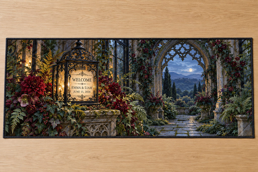 Example WELCOME / EMMA & LIAM / JUNE 15, 2026 plaque within black botanical lantern, burgundy dahlias hellebore ivy fern stone plinth pointed greenhouse arch and hills.