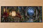 Example WELCOME / EMMA & LIAM / JUNE 15, 2026 plaque within black botanical lantern, burgundy dahlias hellebore ivy fern stone plinth pointed greenhouse arch and hills.