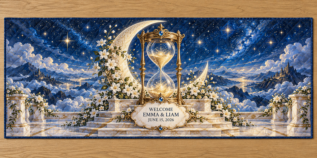 Example WELCOME / EMMA & LIAM / JUNE 15, 2026 ivory plaque, brass-style hourglass with star-sand, jasmine crescent forms, marble terrace cloud valleys and starry hills.
