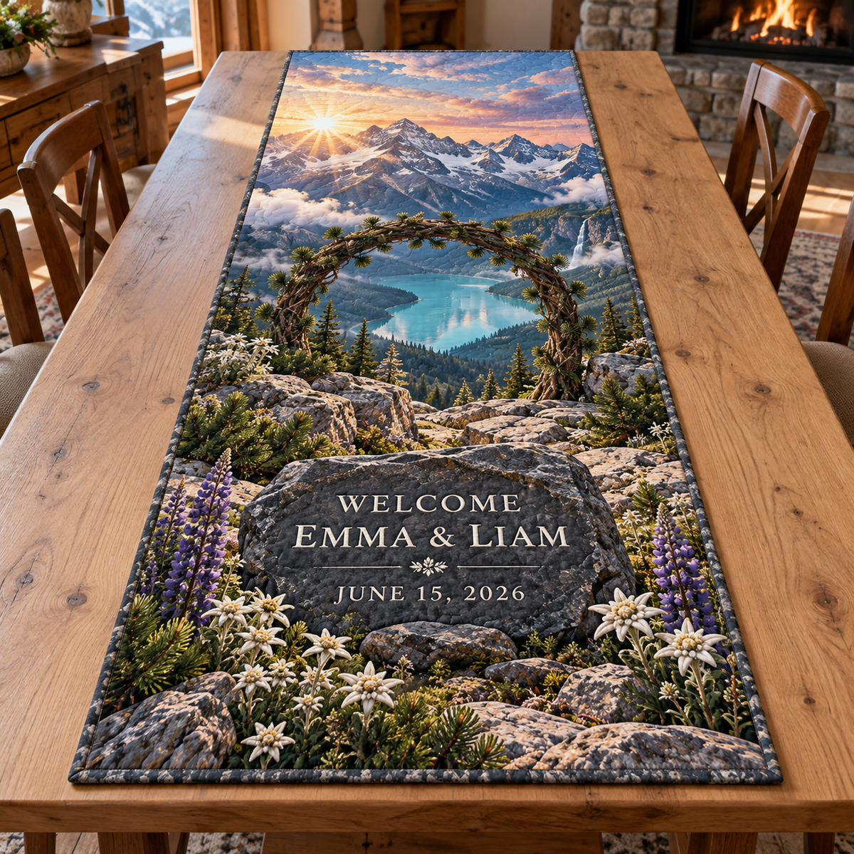Example WELCOME / EMMA & LIAM / JUNE 15, 2026 on rugged dark slate tablet, granite ledge, alpine flowers, pine-branch arch, glacial lake waterfall and snowy peaks.