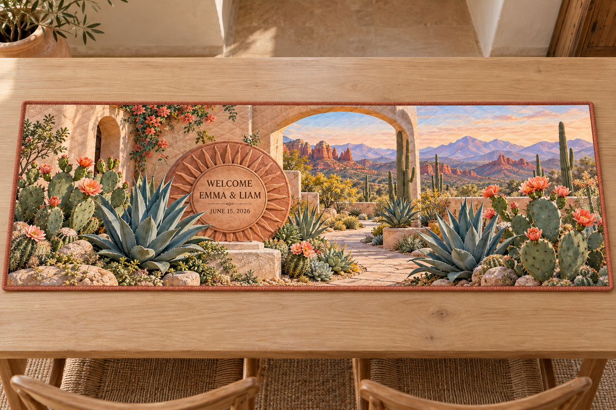 Example WELCOME / EMMA & LIAM / JUNE 15, 2026 terracotta sunburst plaque on travertine, agave prickly pear flowers adobe portal desert path and red buttes.