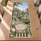 Example WELCOME / EMMA & LIAM / JUNE 15, 2026 cream stone-style panel in antique ivory scrollwork oval frame, limestone balustrade, roses peonies ivy, fountain wisteria gazebo and conservatory.