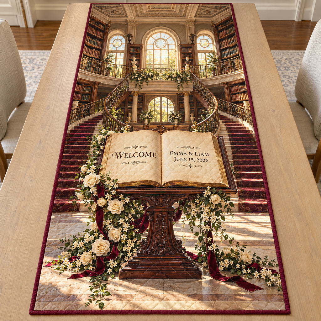 Example WELCOME / EMMA & LIAM / JUNE 15, 2026 open parchment book on mahogany lectern, roses jasmine burgundy ribbon, double staircase library gallery sunlit arched windows.