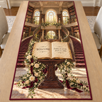 Example WELCOME / EMMA & LIAM / JUNE 15, 2026 open parchment book on mahogany lectern, roses jasmine burgundy ribbon, double staircase library gallery sunlit arched windows.