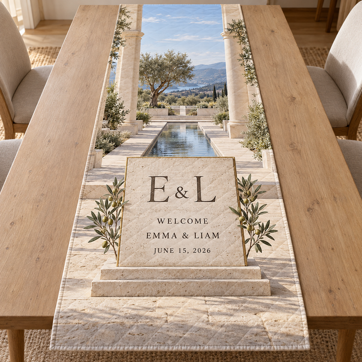 Example E & L / WELCOME / EMMA & LIAM / JUNE 15, 2026 travertine tablet brass border, olive branches, columns and reflecting courtyard water channel.