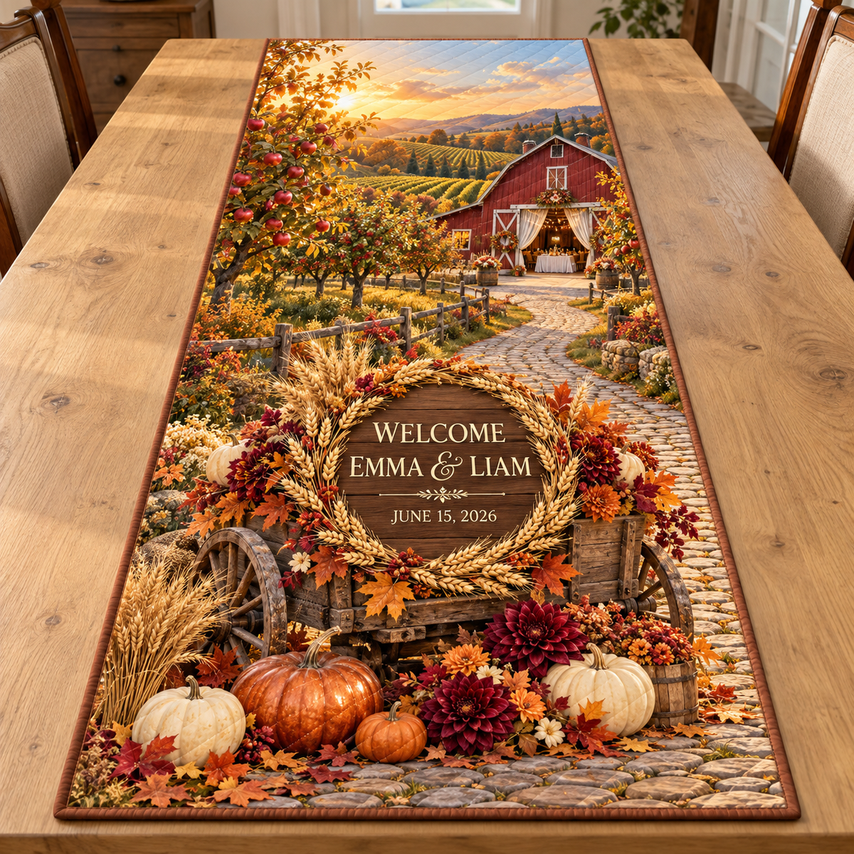 Example WELCOME / EMMA & LIAM / JUNE 15, 2026 walnut medallion wheat wreath on wooden harvest cart, pumpkins dahlias maple leaves orchard lane red barn vineyard hills.
