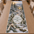 Example WELCOME / EMMA & LIAM / JUNE 15, 2026 frosted hexagonal panel brass edging birch pillars cedar fir garland hellebore pinecones snowy forest path distant glass chapel.