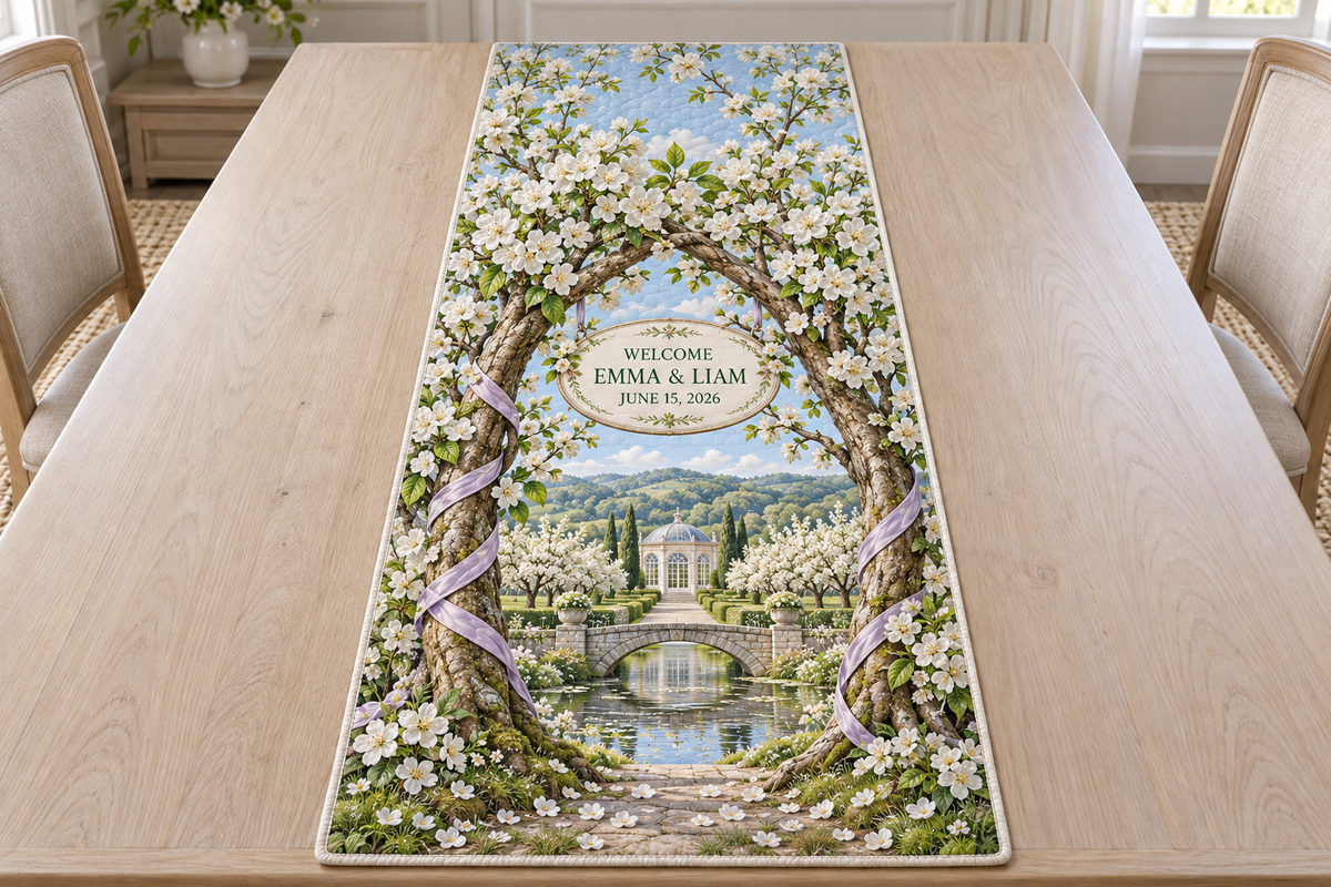 Example WELCOME / EMMA & LIAM / JUNE 15, 2026 porcelain-style oval plaque between intertwined pear blossom trunks, lilac ribbon, stone footbridge reflecting pond blossom orchard orangery hills sky.