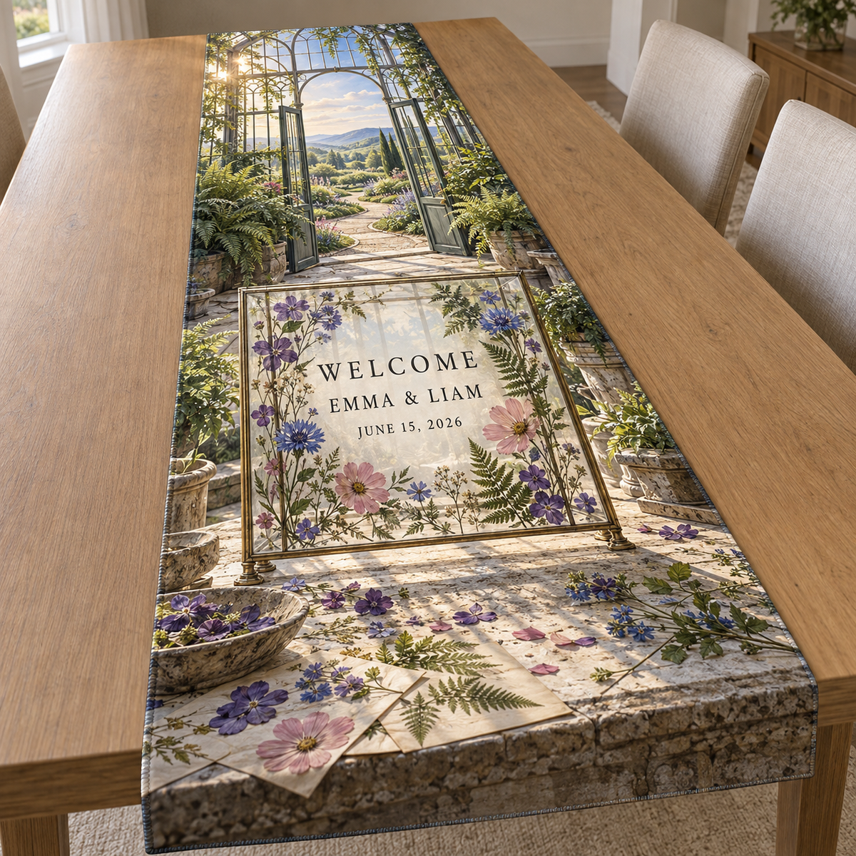 Example WELCOME / EMMA & LIAM / JUNE 15, 2026 transparent brass-style framed pressed-flower welcome panel with violets cornflowers cosmos ferns on a limestone botanical bench inside a glasshouse overlooking garden paths hills and dawn sky.