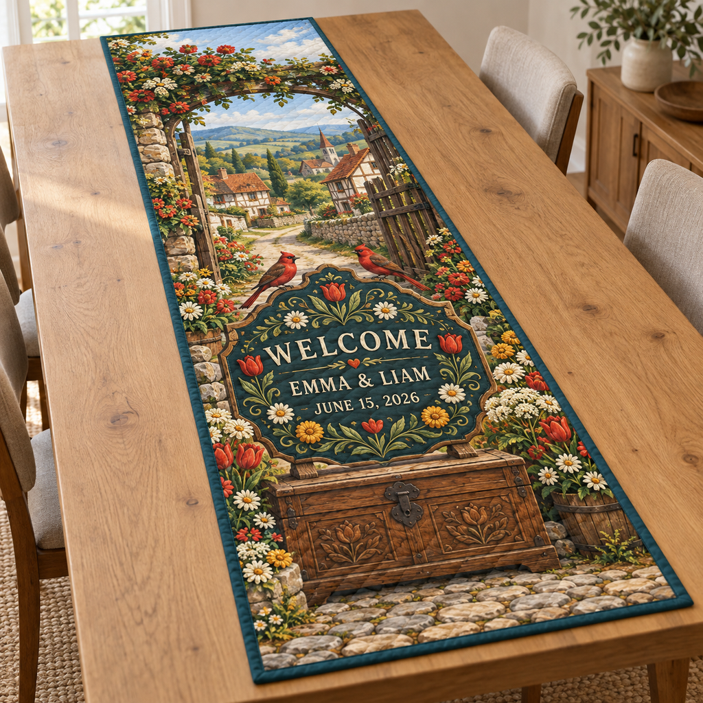 Example WELCOME / EMMA & LIAM / JUNE 15, 2026 scalloped teal welcome shield with folk tulips daisies rosettes and two red songbirds on an oak-style chest before a timber village gate cottages meadow lane hills sky.