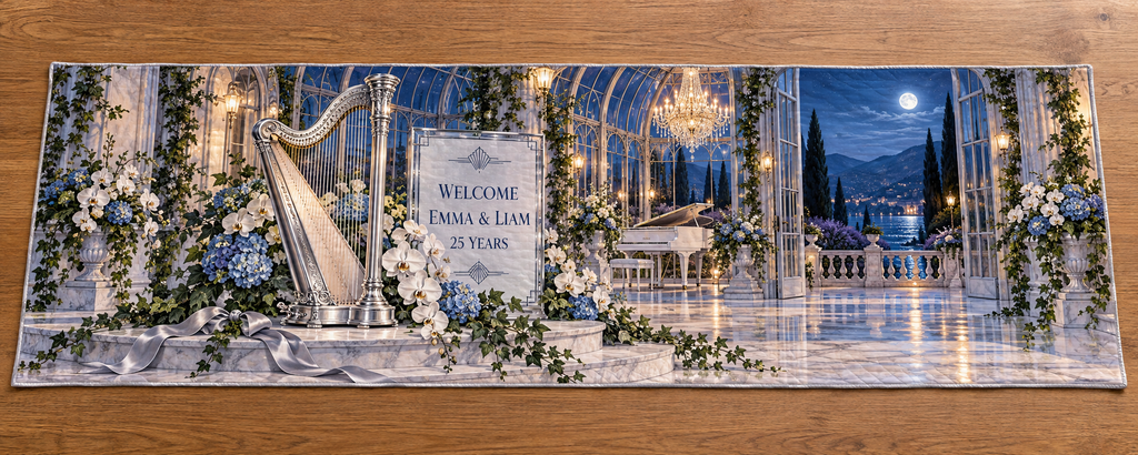 Example WELCOME / EMMA & LIAM / 25 YEARS frosted glass-style silver-bordered panel beside silver harp white orchids blue hydrangeas ivy pearl ribbon marble concert dais conservatory chandelier white piano moonlit canal hills sky.