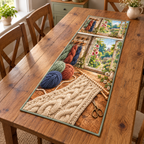 Garden Window Cable Knitting Table Runner. Flat printed cable scarf, yarn and garden window, with coordinated window panel at far end.