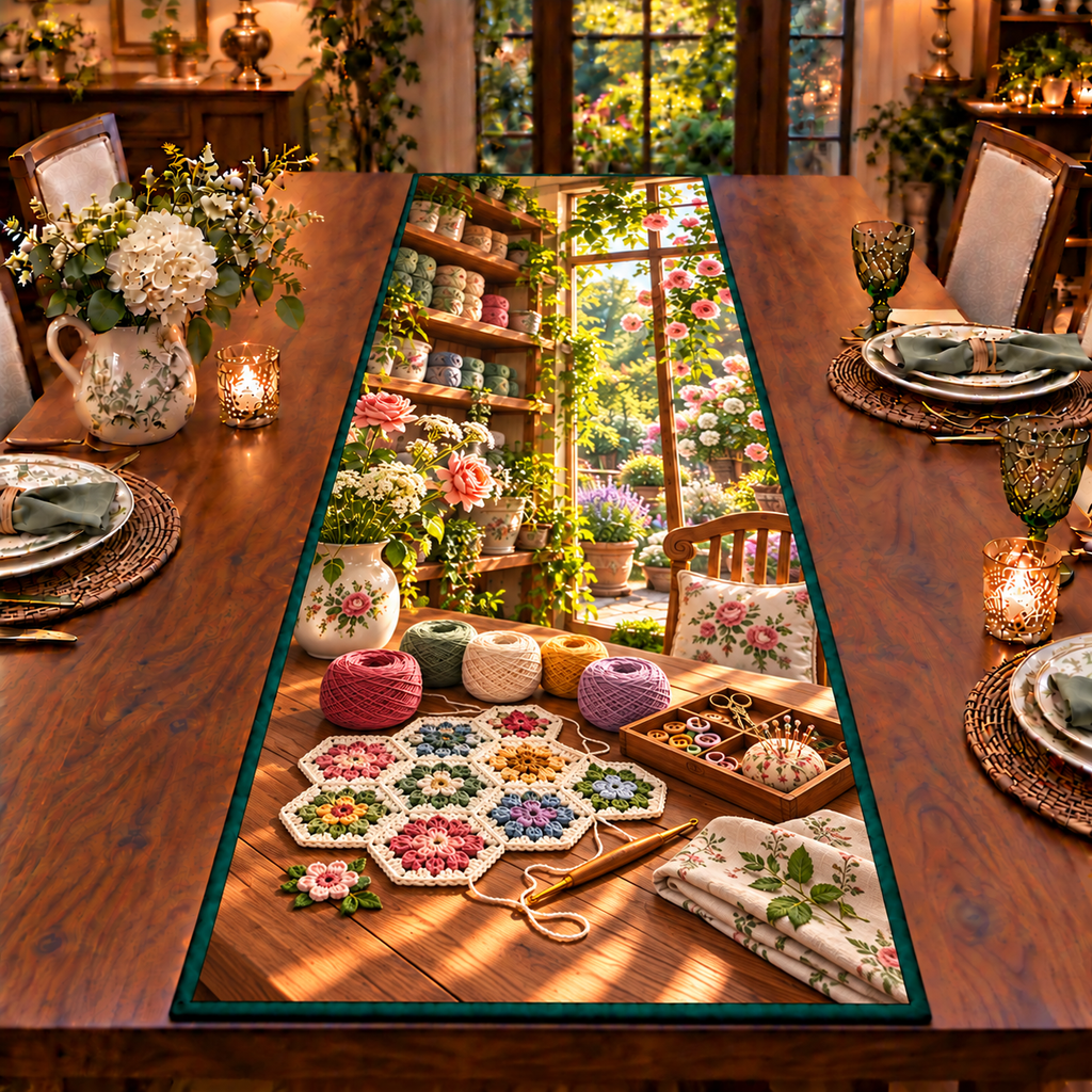 A complete hexagonal granny-flower crochet panel with open loops rests beside a hooked crochet tool, cotton yarn cakes, stitch markers and a wooden notions tray. Thread shelves and a sunny rose conservatory form a deep craft studio scene. Flat printed optical depth on one thin table runner.