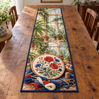 Conservatory Meadow Embroidery Table Runner. Flat printed meadow hoop, floss and conservatory still life.