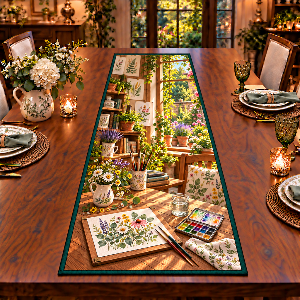 A rectangular watercolor paper on a drawing board shows translucent botanical leaves and wildflowers in progress. A pan paintbox, fine round brushes, clear rinse-water jar and folded cloth sit nearby. Botanical studies, art shelves and a sunny herb garden window complete the studio scene. Flat printed optical depth on table runner.