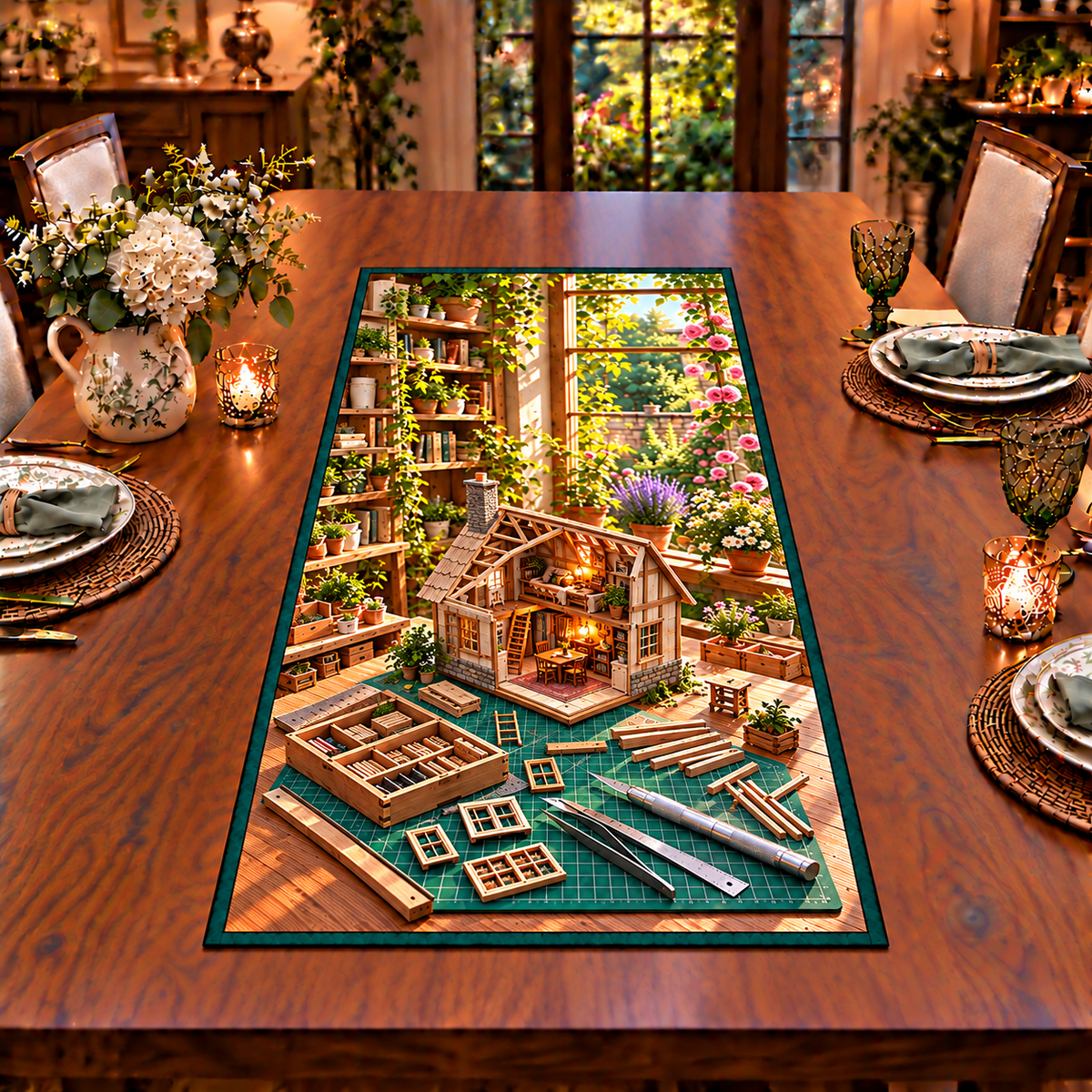 Miniature Cottage Building Studio Table Runner printed optical depth