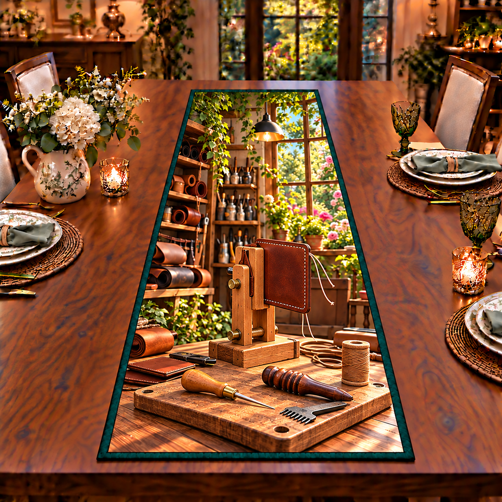 Saddle Stitch Leathercraft Workshop Table Runner flat printed optical depth