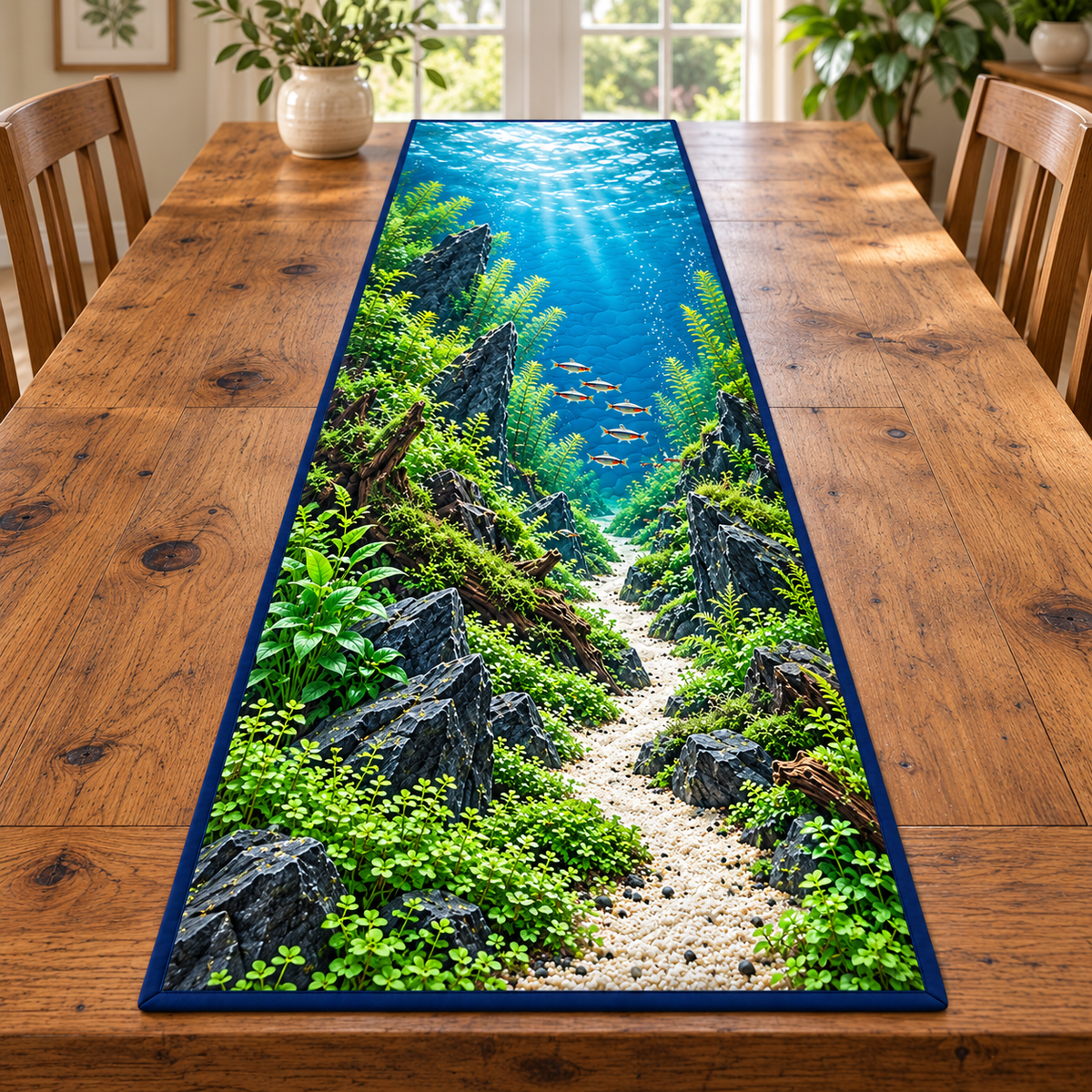 Planted Aquascape Stone Valley Table Runner with flat printed slate rocks, plants, winding sand path and small fish.
