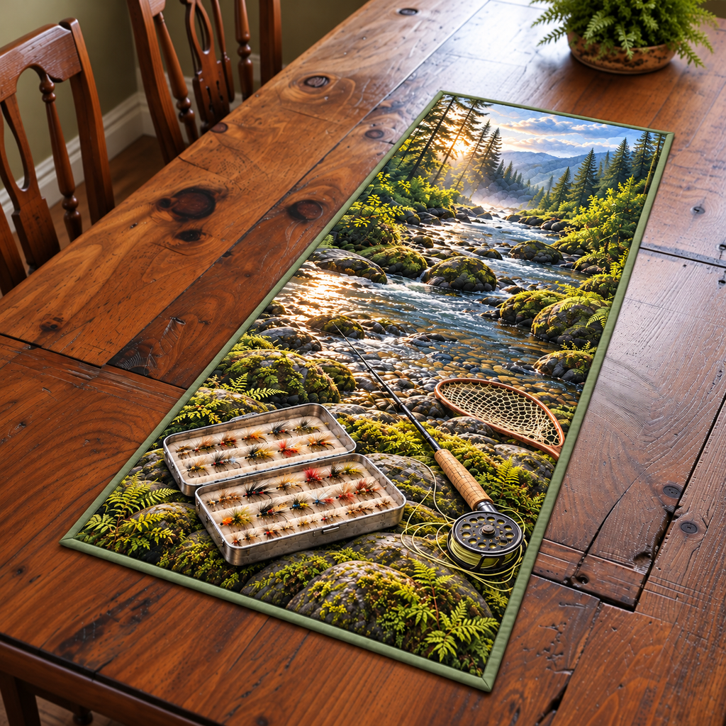 Creekside Fly Box Morning Table Runner. Flat printed feather-fly box, cork rod/reel and mossy creek into a pine gorge.