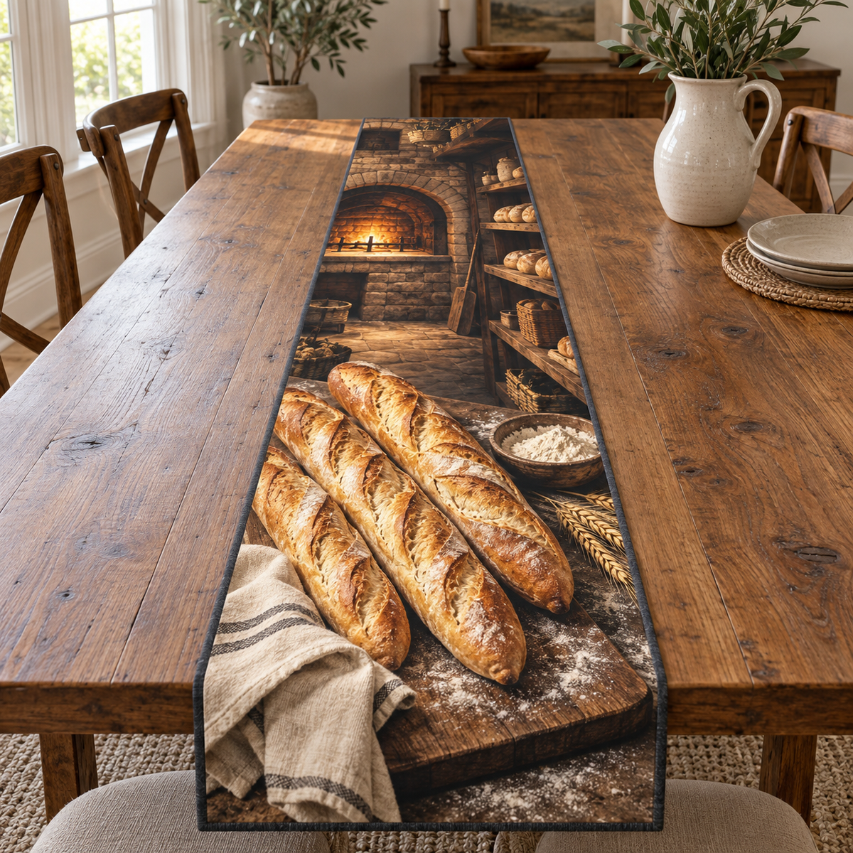 Whole narrow table runner with three golden baguettes, flour bowl, linen, wheat and recessed brick oven, flat printed optical depth