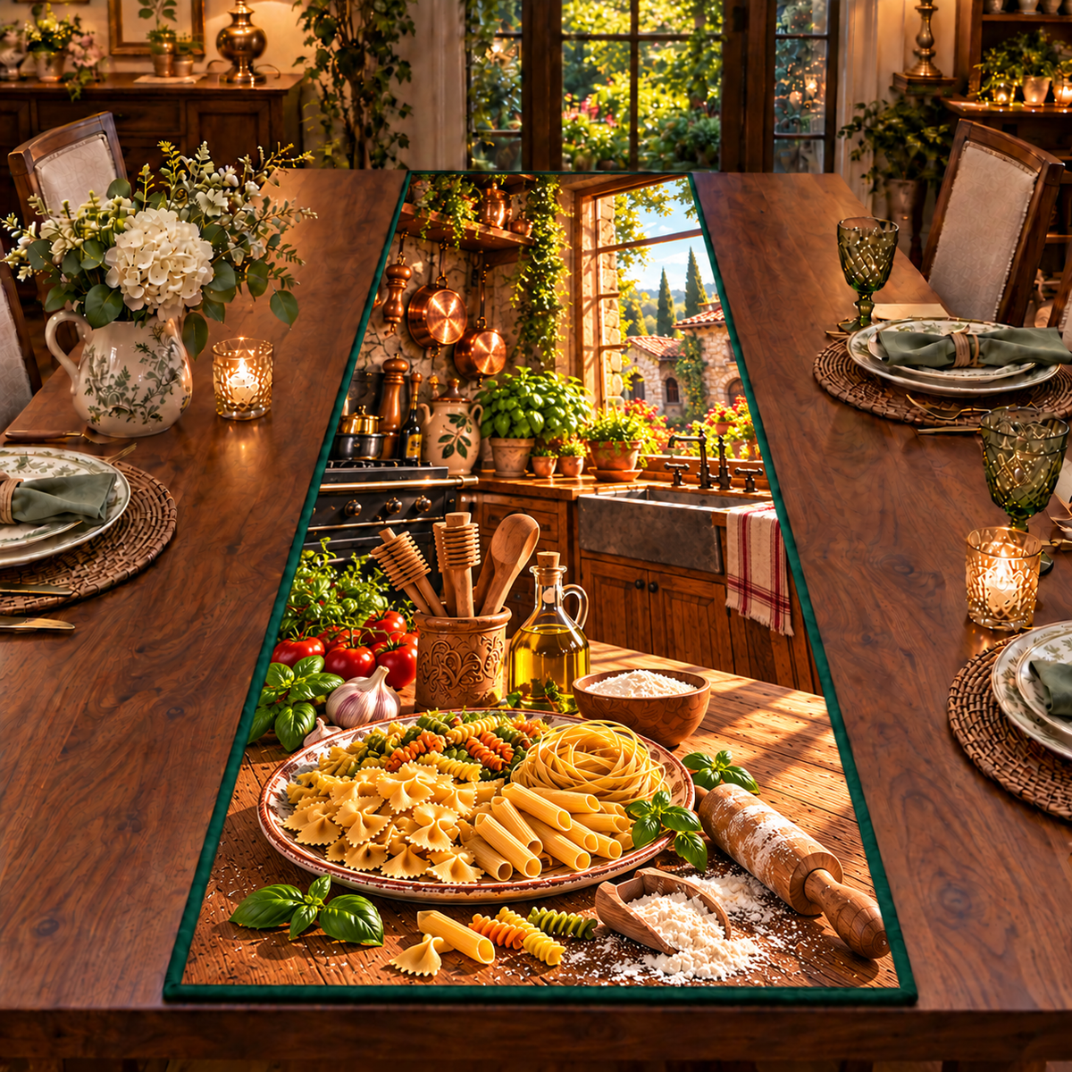 A complete ceramic platter displays golden farfalle bowties, penne tubes, spiral fusilli and a nest of ribbon pasta. Flour, wooden pasta tools and a rolling pin sit on the counter. Copper cookware, basil, a sunny window and stone courtyard recede into a rustic Italian kitchen. Flat printed on table runner.