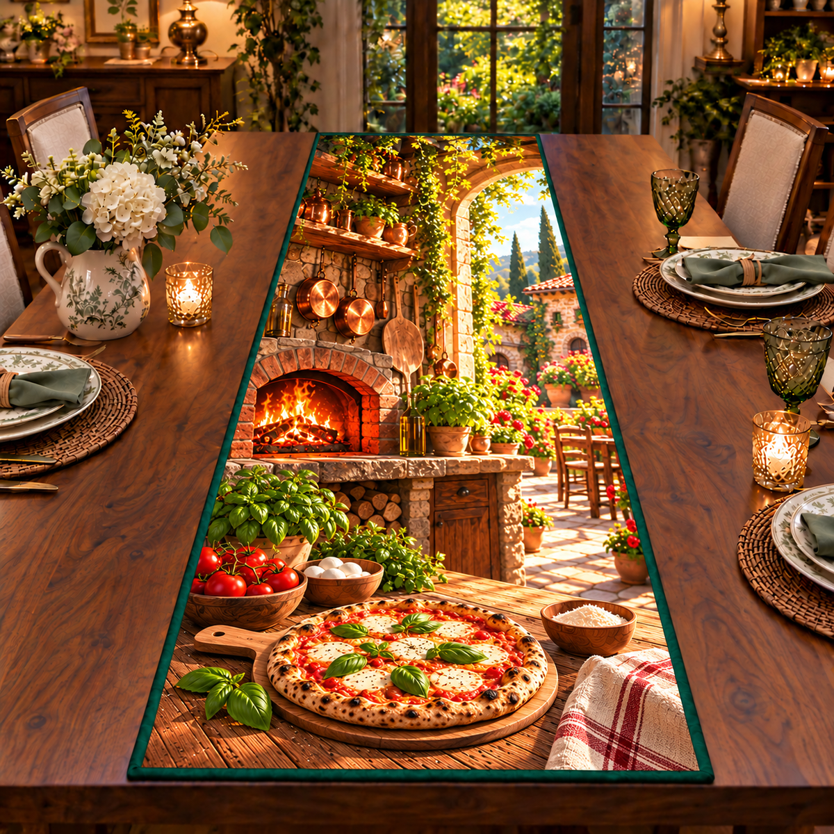 A whole round margherita pizza with red tomato sauce, melted mozzarella and fresh basil rests on a complete wooden peel with a short visible handle. Bowls of tomatoes and mozzarella sit before a glowing brick pizza oven and sunlit stone courtyard. Flat printed on table runner.