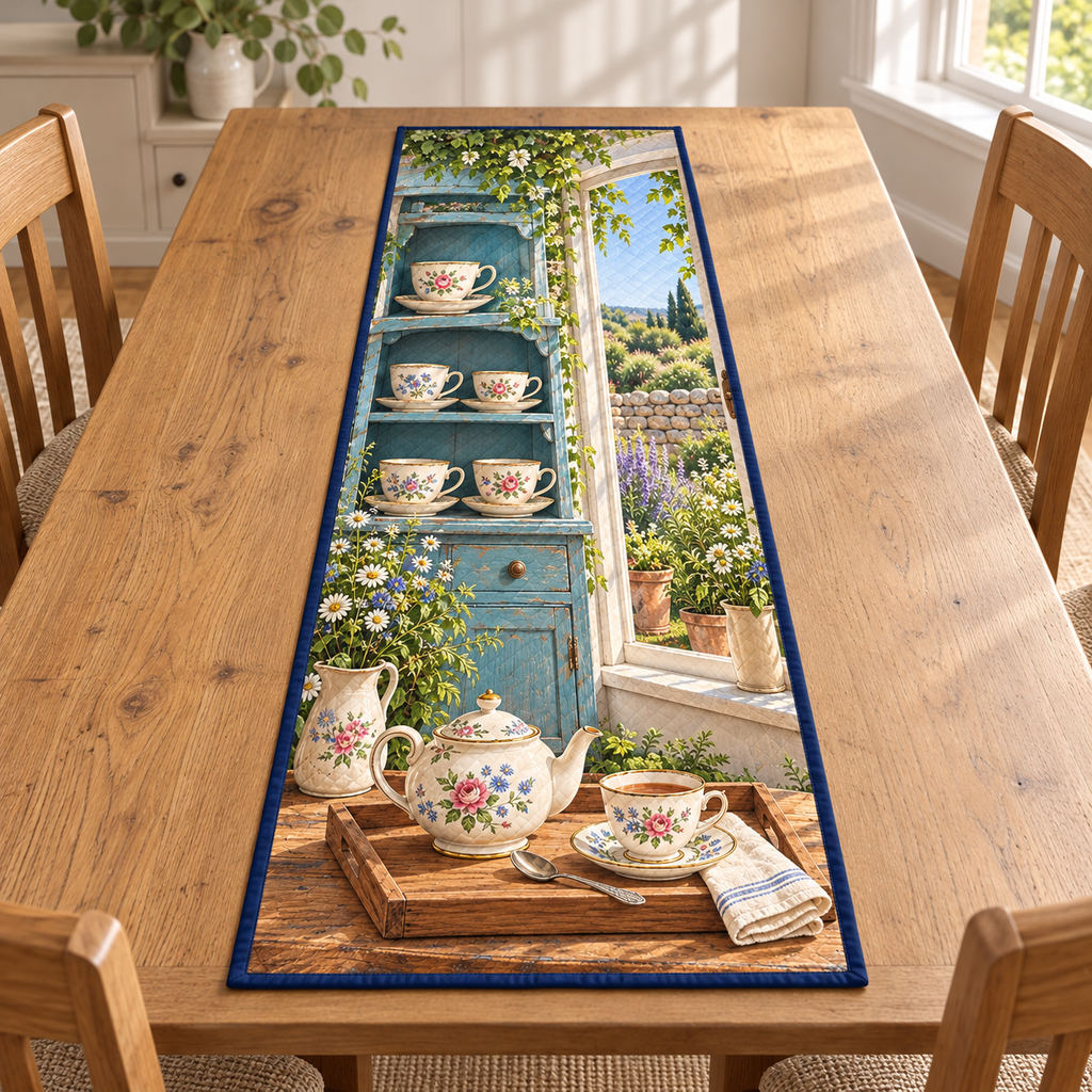 Garden Dresser Porcelain Teacups Table Runner. Flat printed porcelain cup collection, blue dresser, tea tray and herb garden casement.