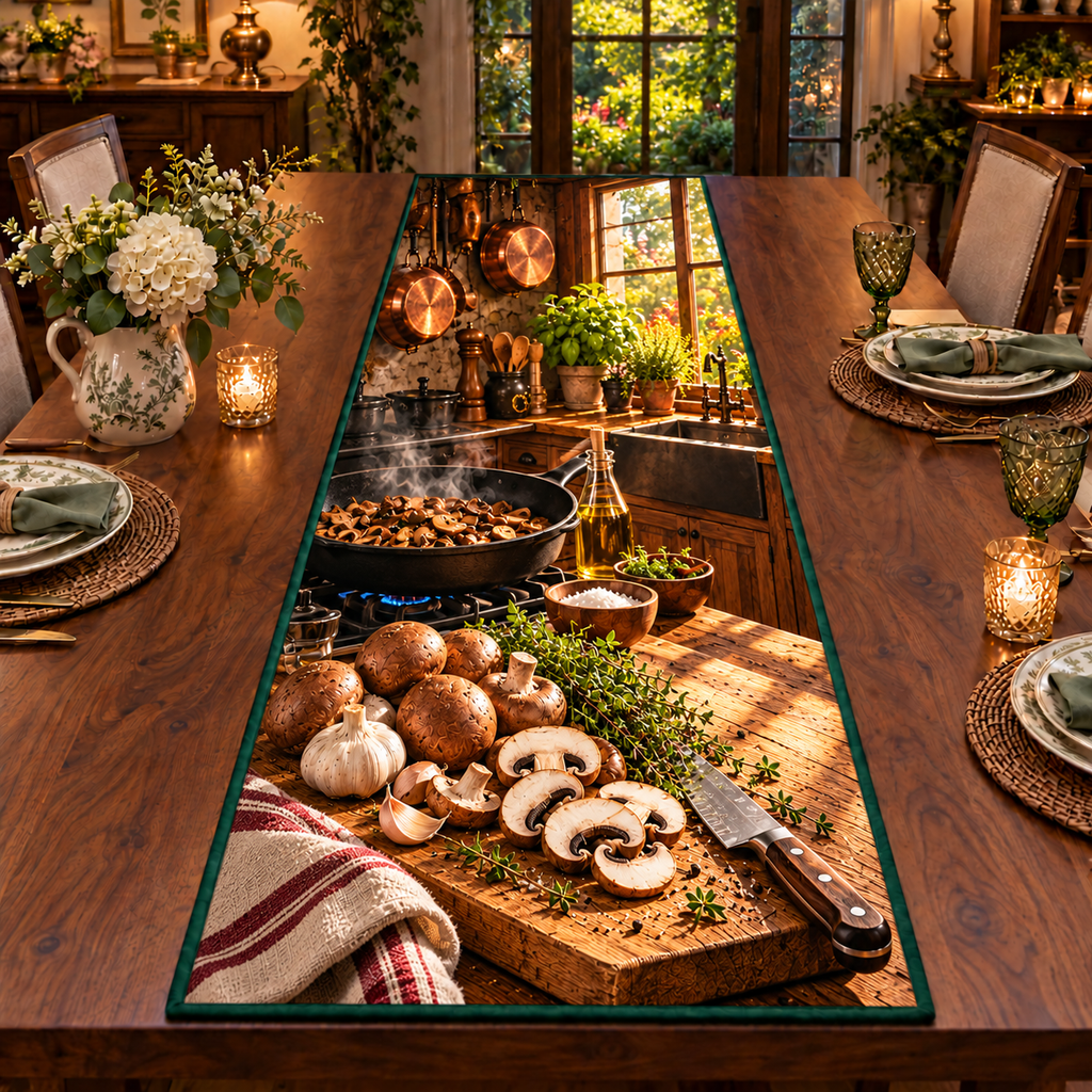 Whole brown mushrooms and sliced mushroom cross-sections sit on a wooden cutting board with thyme, garlic and a chef knife. A black skillet of mushrooms, hanging copper cookware, wooden cupboards and a sunny herb-filled window recede into a rustic kitchen. Flat printed on table runner.