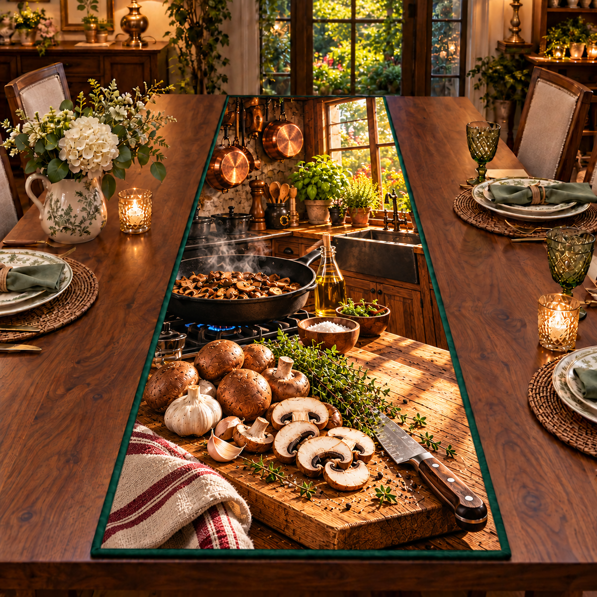 Whole brown mushrooms and sliced mushroom cross-sections sit on a wooden cutting board with thyme, garlic and a chef knife. A black skillet of mushrooms, hanging copper cookware, wooden cupboards and a sunny herb-filled window recede into a rustic kitchen. Flat printed on table runner.