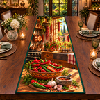 Glossy red and green chili peppers fill a decorated ceramic bowl, with a sliced pepper showing pale seeds. Garlic and a small spice mortar sit nearby, while dried chili strings, copper cookware and pepper plants recede into a sunny rustic kitchen. Flat printed on table runner.