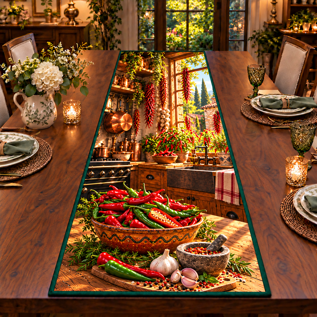 Glossy red and green chili peppers fill a decorated ceramic bowl, with a sliced pepper showing pale seeds. Garlic and a small spice mortar sit nearby, while dried chili strings, copper cookware and pepper plants recede into a sunny rustic kitchen. Flat printed on table runner.